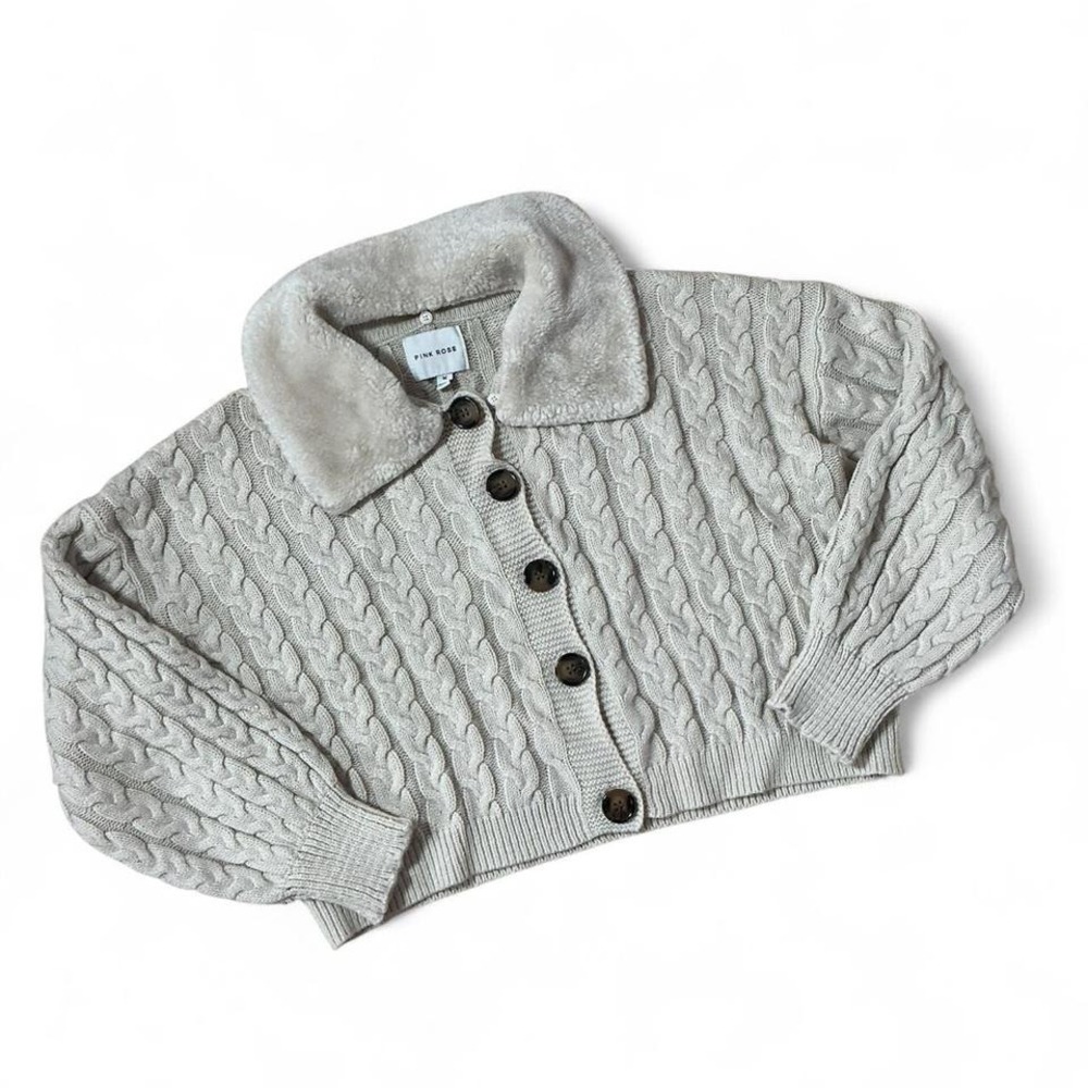 PINK ROSE Cable Knit Faux Fur‎ Collar Cardigan Sweater Cream Beige Penny Lane